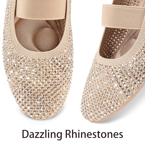 Ballet Flats Shoes for Women with Rhinestone Knit Flat Shoes Sparkly Embellished Memory Foam Elastic Strap Comfortable Wedding Dressy (Black/Nude)4