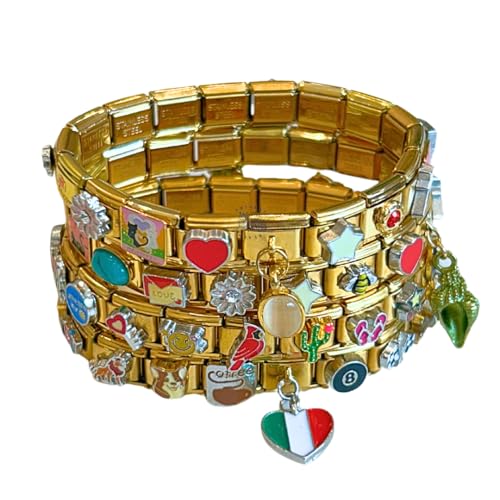 Full Gold Italian Charm Bracelet - Set of 1 Assembled Vintage Style with 18 Unique Styles Links Designs Tourist Souvenir (Single Bracelet, Mystery Charms)