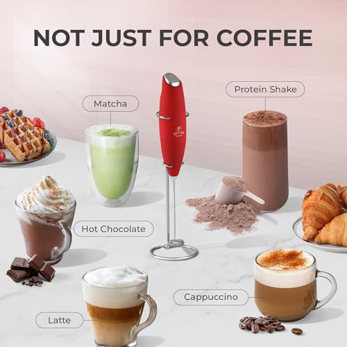Image of Zulay Kitchen Powerful Milk Frother Wand With Duracell Batteries - Ultra Fast Handheld Drink Mixer - Electric Whisk Foam Maker for Coffee, Lattes, Cappuccino & Matcha - Z1 Motor - Cardinal Red