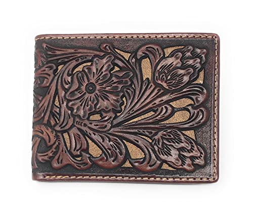 Western Genuine Tooled Leather Laser Cut Men's Bifold Short Wallet in 8 Colors (Brown/Brown)