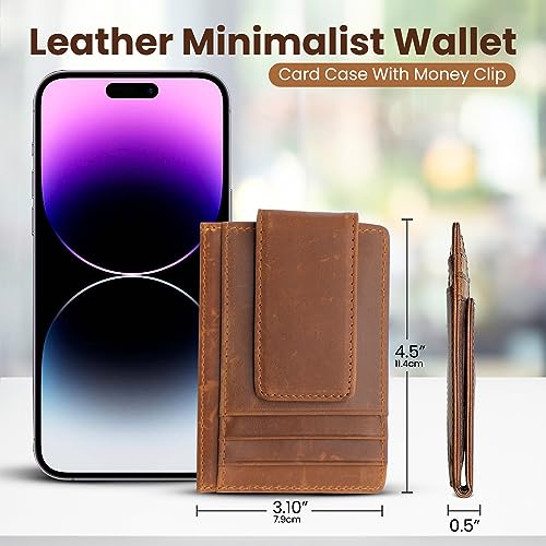 Genuine Leather Money Clip Wallet, Minimalist Mens Wallet, Strong Magnetic Clip with RFID Blocking, Card Case With Money Clip, Slim Front Pocket Wallet, Money Holder with ID Window (Brown)2