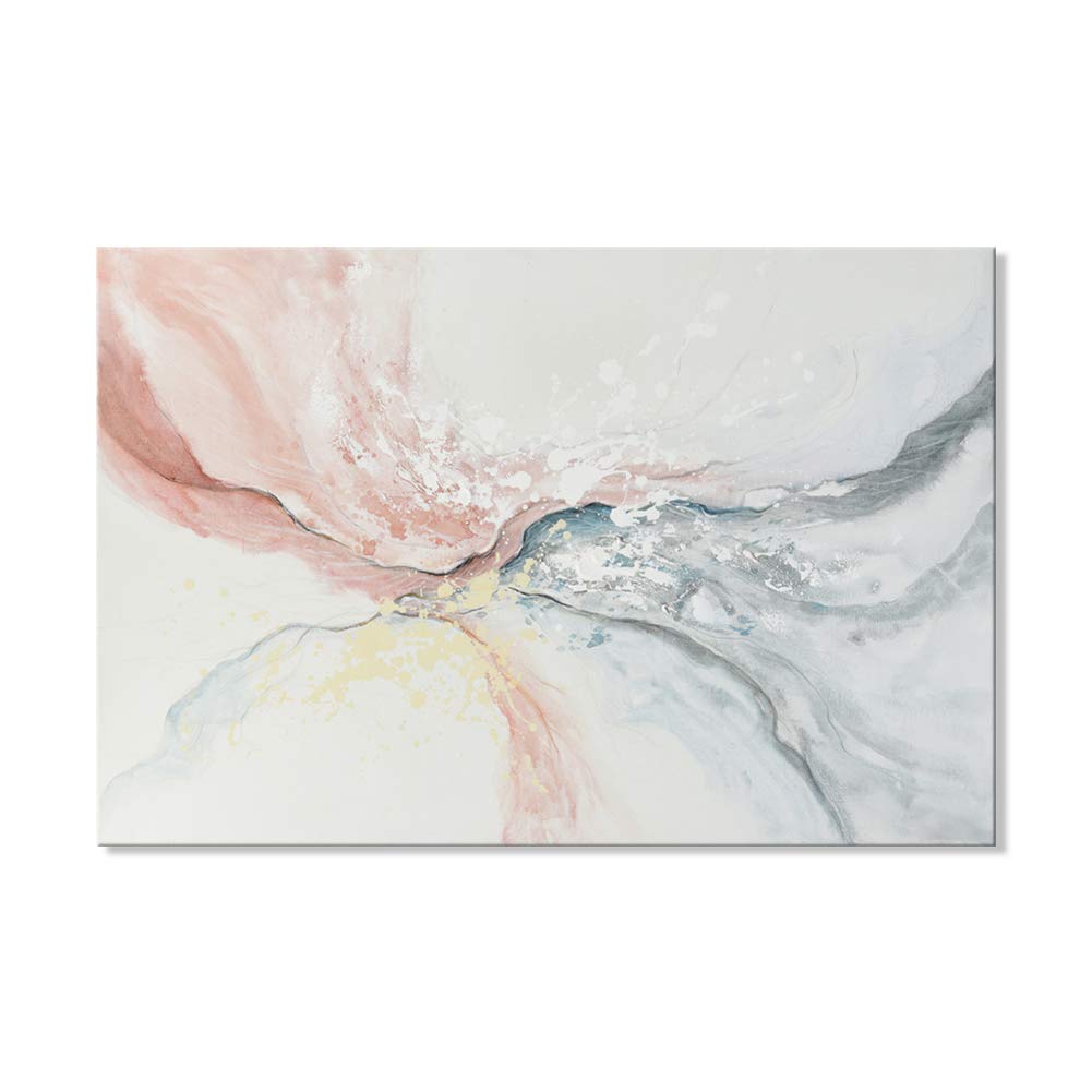 SEVEN WALL ARTS7CANVAS Hand-Painted Modern Abstract Oil Painting Decor Water Flow Shape Contemporary Pink Gray for Living Room Bedroom Wrapped Easy to Hang 36x24 Inch