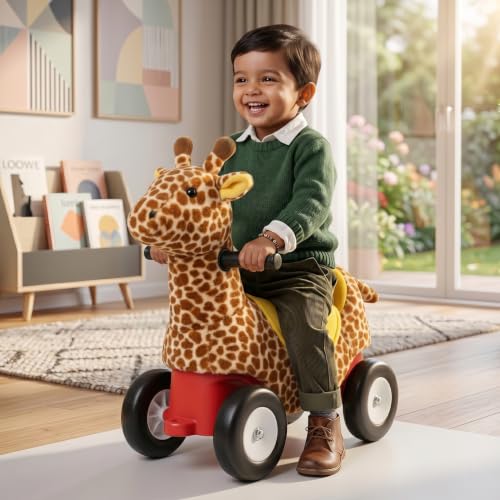 Image of Toyzone Little Soft Giraffe Ride on | Cloth-Covered Ride On Toy with Wheels | Back Support | Indoor & Outdoor Ride-On for Toddlers 1-4 Years