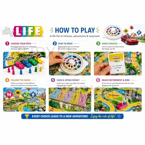 Image of The Game of Life Board Game for Kids & Family | Educational Strategy Game for 2-4 Players | Fun Indoor Tabletop Game with Cards, Spinner & Pegs | Birthday Gift for Boys & Girls Age 8+