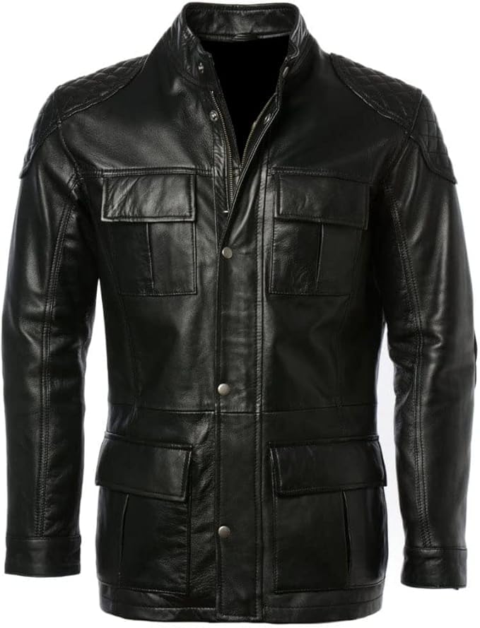 Storm Jacket Genuine Leather Flap Patch Pockets Dual Front Option Racing Jacket 3/4 Length for Men