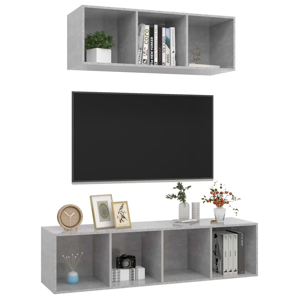 2-TLG. TV-Schrank-Set Betongrau, Holzwerkstoff, Hängend, Modernes Media-Center für Wohnzimmer, Schlafzimmer, Viel Stauraum