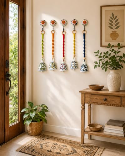 Image of Kaameri Bazaar Multicolor Handmade Macrame Hanging Ornament | Boho Home Office Decoration Ceramic Ringing Bells with Hooks | Set of 5