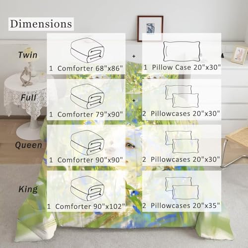Image of Cute Dog Comforter Set Full Size Pet Puppy Animal Bedding Sets for Girls Boys Kids Adults Bedroom Decor Green Watercolor Quilt 1 Comforter 2 Pillowcases