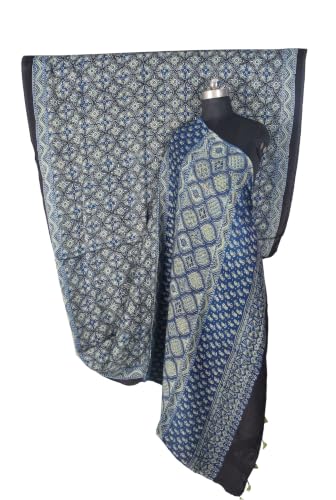 Image of Ethnics of Kutch Womenss Ajrakh Modal Silk Natural Dye Hand Block Print Saree with Blouse Piece - 5.5 Mtr Length (Indigo 09501A)
