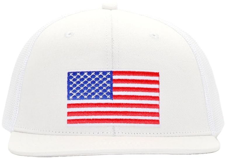 Image of Men Flat Bill USA Flag Mesh Hat Fits OSFM&XXL Head | Snapback Trucker Cap | 250th US Anniversary Veterans Memorial Day Gifts