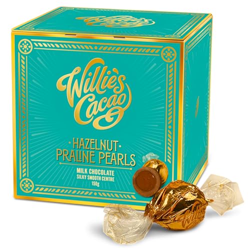 Willies Cacao - Milk Chocolate Hazelnut Praline Pearls 150g Gift Box of 20 Individually Wrapped Pearls Filled with Silky Soft Hazelnut Praline 100% Natural Craft Made