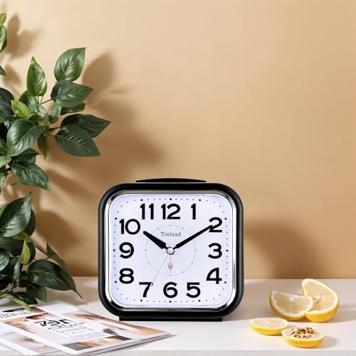 Image of Tinload 5.5 inch Large No Ticking Analog Alarm Clock,Silent Readable for Seniors,Easy to Set,Gradual Rise Alarm,Big Numbers,Gentle Wake,Snooze, Lighted on Demand,Battery Operated(Black-B)