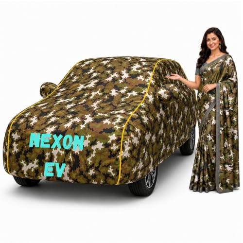 Image of Waterproof Car Body Cover for Nexon Ev All Weather Protection Comes with Inner Cotton Lining & Triple Stitched with Mirror & Antenna Pocket Belt & Elastic Fit Army with Yellow Piping