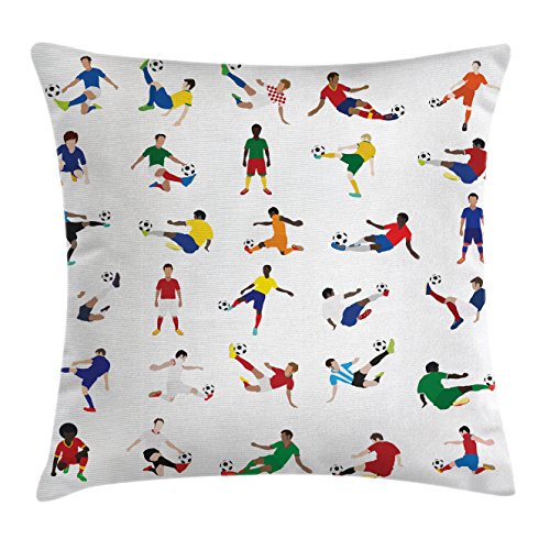 Lunarable Sports Throw Pillow Cushion Cover, Group of Soccer Players League Pastime Practicing Different Poses Training, Decorative Square Accent Pillow Case, 28