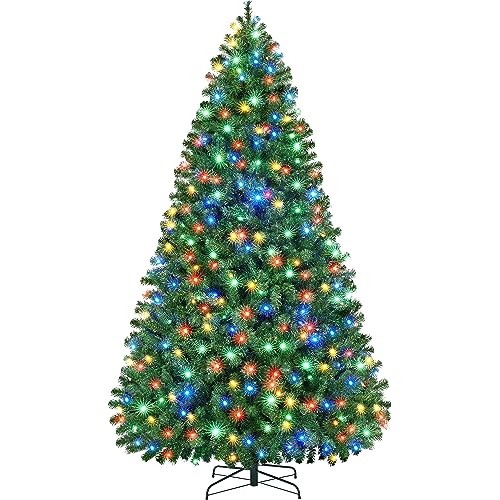 Yaheetech 7.5ft Pre-lit Spruce Artificial Christmas Tree Hinges Tree with 550 Multicolor LED Lights & 1354 Branch Tips & Metal Stand for Home, Office, Party Decoration, Green