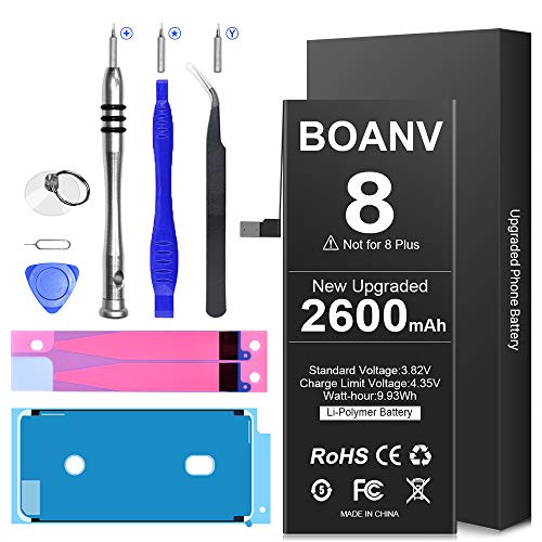 [2600mAh] Battery for iPhone 8 (2021 New Version), BOANV Ultra High Capacity Replacement New 0 Cycle Battery, with Professional Replacement Tool Kits - 1 Year Service