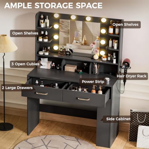 Image of COMHOMA Vanity Desk with Mirror and Light, Small Makeup Vanity with Storage Drawers & Power Outlet, 3 Lighting Modes & Adjustable Brightness, Dressing Table for Women Girls Bedroom, Black