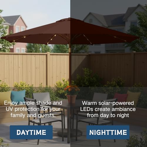 Image of 9' Solar LED Patio Umbrella with Tilt & Crank|8 Sturdy Ribs,UV Protection,Outdoor Market Table Umbrella for Deck,Lawn,Pool,Backyard(Brown)