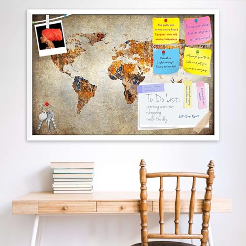 Image of ArtzFolio Photo of Grunge Map of The World Printed Bulletin Board Notice Pin Board Soft Board | White Frame 23.6 X 16Inch