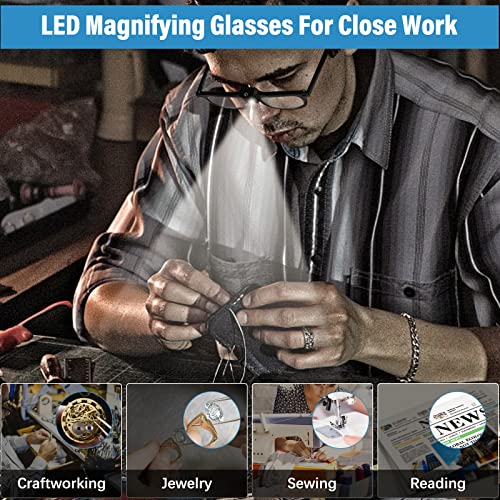 Delixike 200% Magnifying Glasses with Light,LED Lighted Magnification Eyeglasses, Bright Sight Hands Free Magnifier for Close Work, Jewelry,Craft, Reading, Hobby