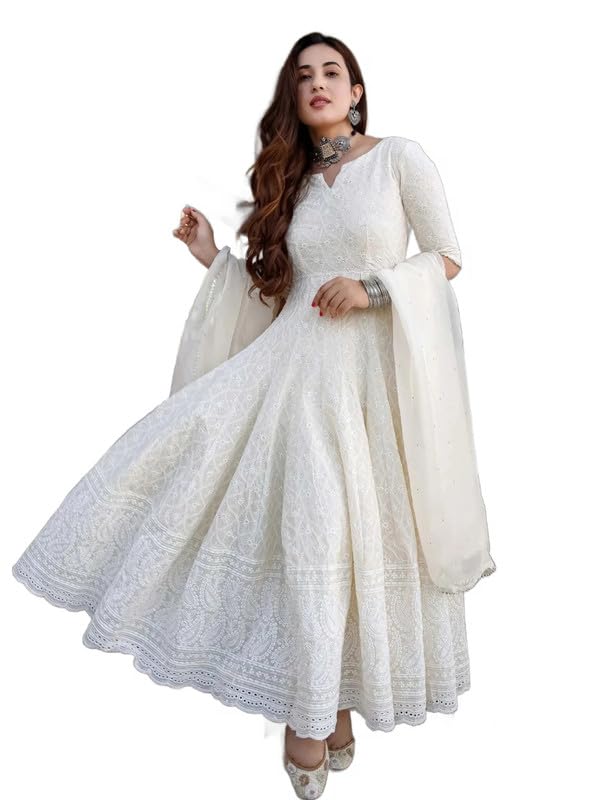 GOMOSWA INTERNATIONALWomen's Lakhnavi Anarkali Cotton Chikankari Kurti with Dupatta|Anarkali Kurti for Women|Kurta for Women