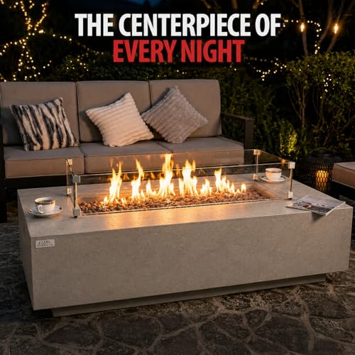 Image of AMS Creations | Madison 60 inch Bundle Rectangular Propane Gas Outdoor Fire Pit Table | Light Gray Concrete GFRC | Smooth Texture or Surface | Electronic Ignition | Outside Backyard Fireplace