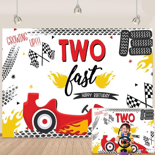 Red Car Two Fast Birthday Backdrop Banner for Kids Boys Red Race Car Backdrop for Birthday Party Racing Tires Car Two Fast Photography Background Party Decorations 5x3Ft