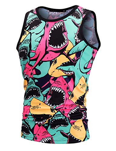 PIZOFF Mens Sleeveless Quickly Dry 3D Cartoon Print Shark Graphic Workout Compression Tank