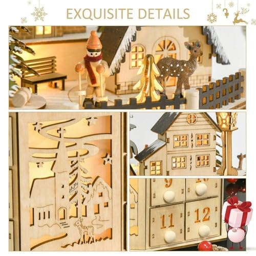 Calendario dell'avvento natalizio in legno, calendario dell'Avvento in legno, con luci a LED, 24 cassetti, tavolo illuminato, decorazione natalizia per le vacanze, per bambini e adulti