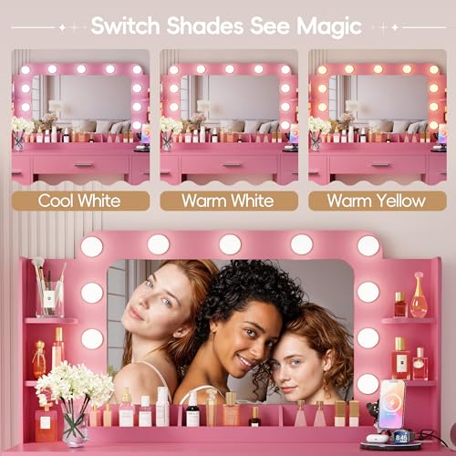 Image of Furmax Vanity Desk with Hollywood Style Mirror with LED Lights, Makeup Table Vanity with 2 AC Outlets and1 USB＆1 Type-C Port, Adjustable Lighting, Modern Ample Storage Drawers Dressing Table (Pink)