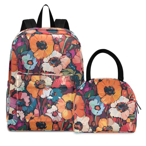 Backpack Lunch Bag Set Pastel Flowers Print, Big Storage Travel Backpacks with Insulated Lunch Box for Office Hiking Picnic