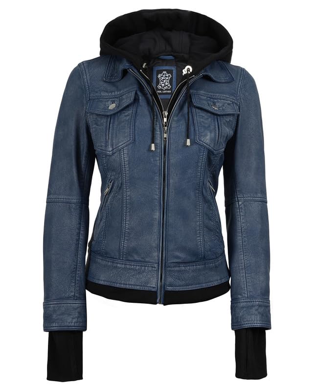 Image of Womens Leather Jacket with Detachable Hood - Real Lambskin Bomber Jacket Thumbholes Women