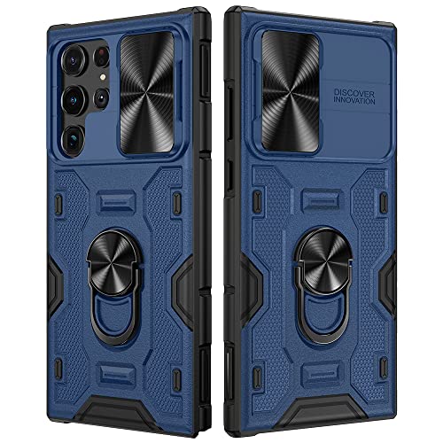 VEGO Compatible for Galaxy S22 Ultra Stand Case with Slide Camera Cover, Built-in 360Â° Rotate Magnetic Ring Stand Heavy Duty Protective Cover Case for Samsung Galaxy S22 Ultra 5G 6.8 inch 2022 - Blue
