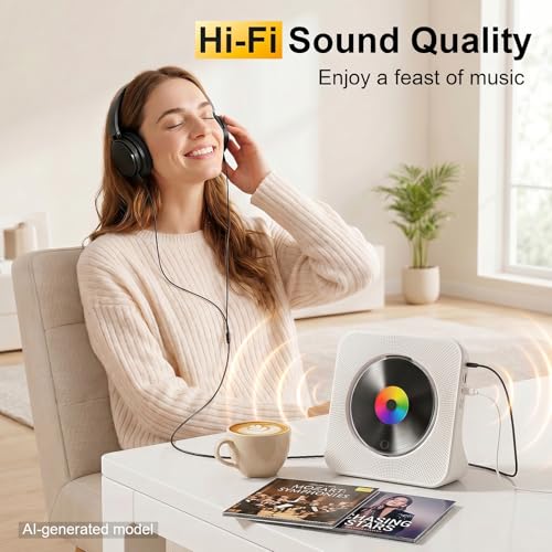 Image of Gueray CD Player Portable Bluetooth Desktop CD Player for Home with Timer Built-in HiFi Speakers with LCD Screen Display Boombox FM Radio USB Type-c (White)