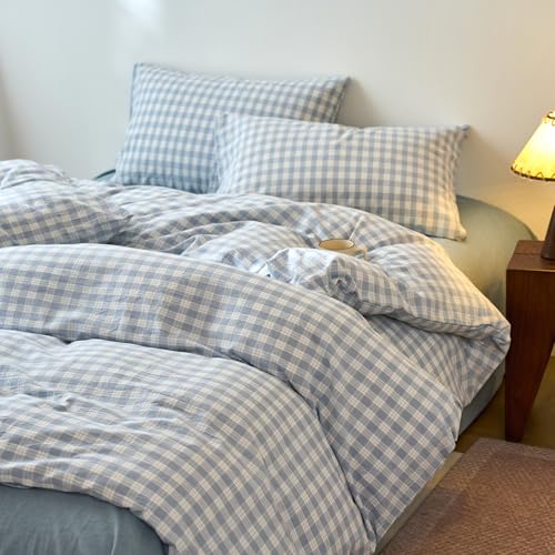 Image of EAVD Vintage Style Blue&White Plaid Gingham Duvet Cover King Soft 100% Washed Cotton Chic Grid Checkered Bedding Set with 2 Pillowcases Farmhouse Blue Plaid Duvet Cover with Zipper Closure
