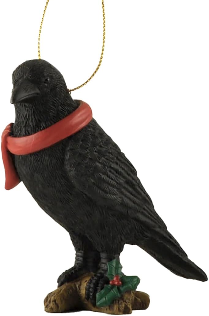 Raven Perched on Branch Christmas Tree Ornament Figurine Crow Collectible - Holiday Stocking Stuffer, Raven Gifts, Bird Lover Decor, Bird Ornaments for Tree