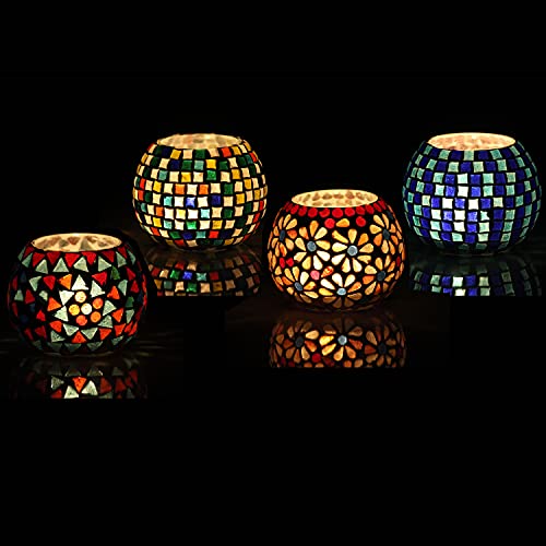 Brahmz® Glass Tea Light Candle Holder Home Decoration Mosaic Multi Color Candle Votive Crackle Glass (Multi Pack of 4)