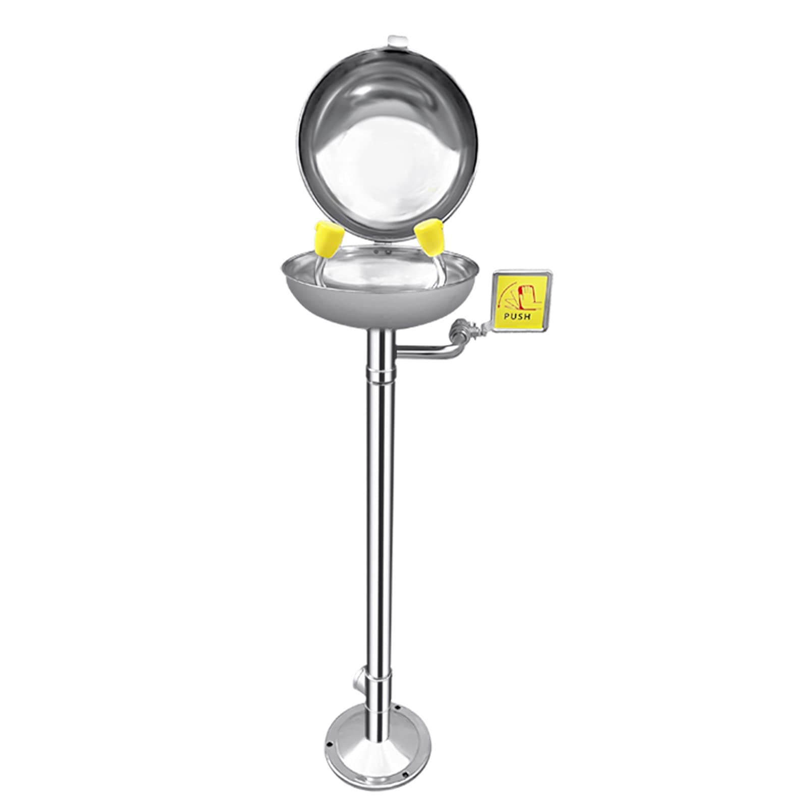 Lavaojos de Emergencia, montado sobre Pedestal, de Acero Inoxidable 304 con Cubierta Antipolvo, con boquillas de Doble rociado, para Laboratorios y Plantas químicas.