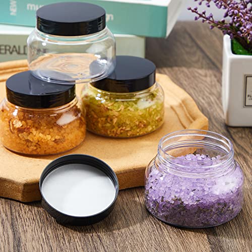 Tessco 24 Pack Plastic Jars with Lids Labels Empty Clear Plastic Jars Round Refillable Cosmetic Containers Body Butter Containers Bulk Sugar Scrub Bottle for Make Up (8 oz,Clear, Black)4