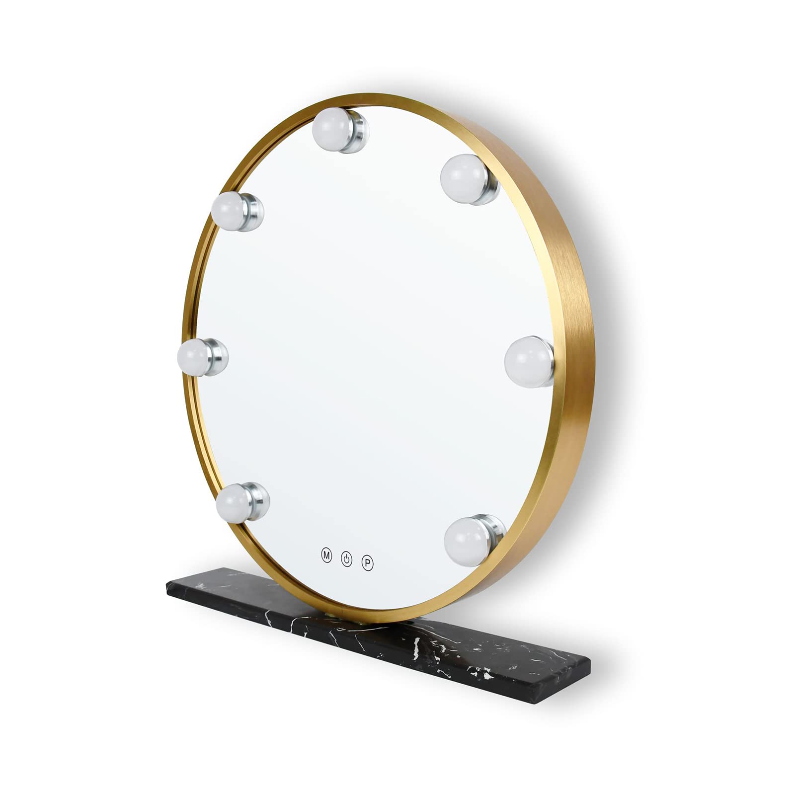 Leadzones Round Makeup Mirror with Lights, 16" Desk Vanity Mirror with Marble Stand, 3 Color Modes, Detachable 10X Magnification, 7 Dimmable LED, Smart Touch Control Light up Mirror Gold, Hollywood