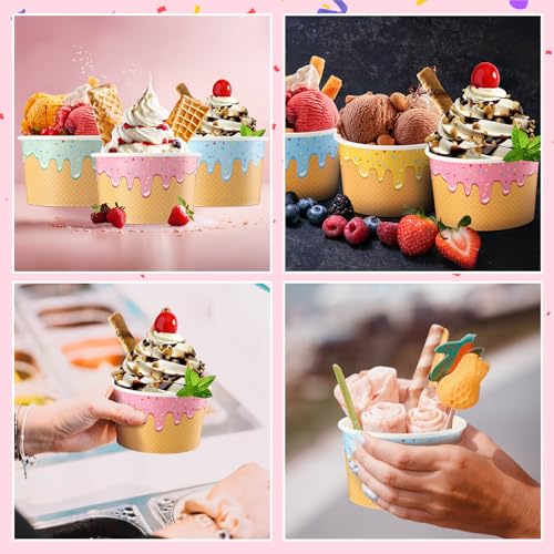 Image of 100 Pcs 10 oz Ice Cream Cups Paper Disposable Dessert Bowls Paper Ice Cream Sundae Bowls Bulk Dessert Cups Yogurt Snack Soup Containers for Cold or Hot Food Summer Birthday Party Supplies