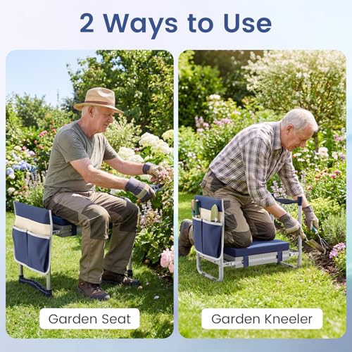 Image of 2-in-1 Garden Kneeler and Seat, Folding Garden Seat w /EVA Foam Kneeling Pad & Removable Tools Pouch, Sturdy Steel Frame, No Assembly, Portable Heavy Duty Garden Stool w /Detachable Armrests