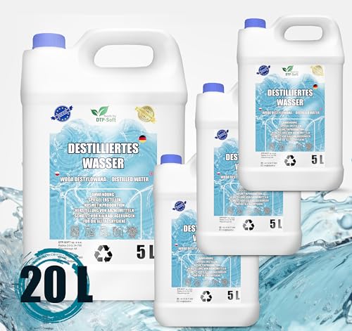 20 litros de agua destilada 100% pura | Agua desmineralizada 4 x 5 l – agua destilada adecuada para planchas, humidificadores, baterías y mucho más