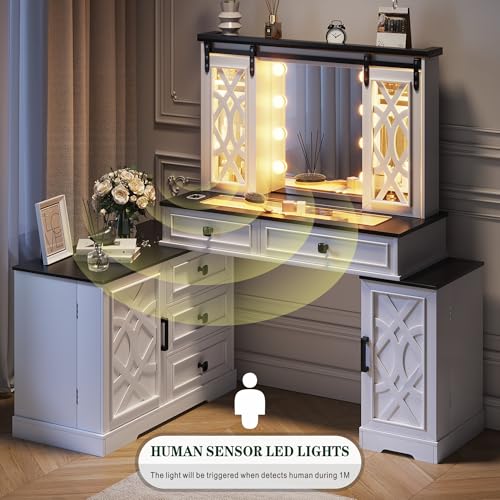 Image of FREDEES Large Vanity Desk with Mirror and Lights, Farmhouse Makeup Vanity with Jewelry Armoire Cabinet Storage, White Dresser Table Gifts for Wife /Girlfriends /Women /Lady /Girl
