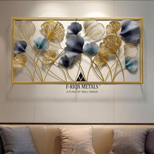 Image of F-RIQA METAL A PALACE OF WALL UNIQUE Luxury Metal Leaf Wall Art for Living Room - 3D Designer Floral Wall Decor with Gold, Teal & Grey Finish, Handcrafted Modern Rectangular Wall Hanging for Home, Bedroom, Hallway, Office & Hotel Interiors, Elegant Contemporary Statement Wall Decoration