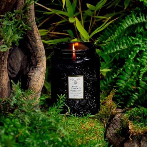 Image of Voluspa Moso Bamboo Large Scented Candle Jar 18 Oz, 100 Hr Burn | Coconut Wax Blend in Decorative Glass, Clean Even Burn, USA Handcrafted Gift for Hosts, Fragrance Lovers & Relaxed Rooms