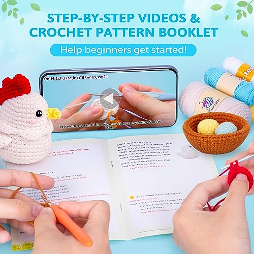 Image of Crochetta Crochet Kit for Beginners, Crochet Starter Kit with Step-by-Step Video Tutorials, Crochet DIY Knitting Supplies for Adults Kids, Cute Hen Chicken with Eggs Crocheting Set(40%+ Yarn)