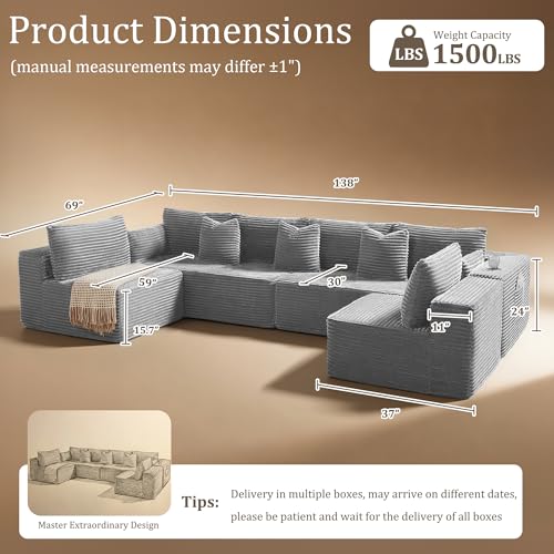 Image of 138 inch Cloud Sectional Couch, Comfort U Shaped Sofa for Living Room, Extra Deep Seats No Assembly, Minimalist Modular Couch, Corduroy (Light Grey, 6 Seats,U-Shape B)