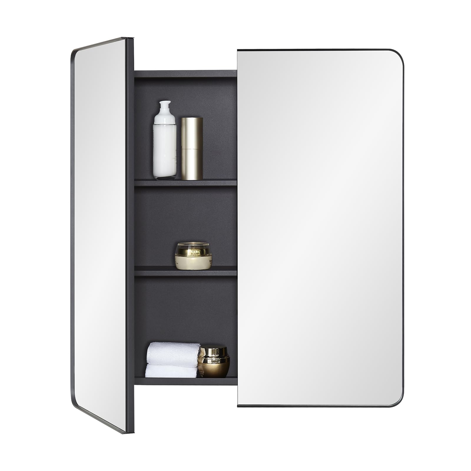 Fundin Armario con espejo de baño con espacio de almacenamiento, puertas dobles, marco de metal con esquinas redondas, estantes ajustables, color negro mate, montaje en superficie, 60 x 65 cm