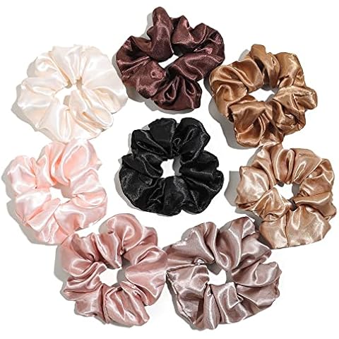Ivyu Satin Hair Bands and Scrunchies: Thick Curly Hair Ponytail Holders for Girls, No Crease or Damage, Cute Brown Pink Cover